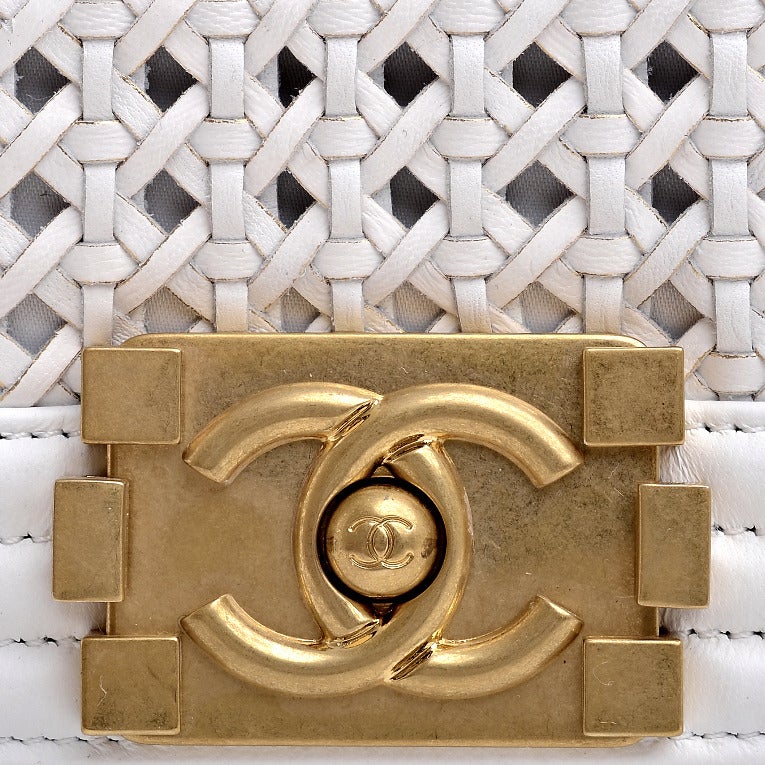 Women's Chanel White Braided Reverso Boy Flap Bag Gold Hardware
