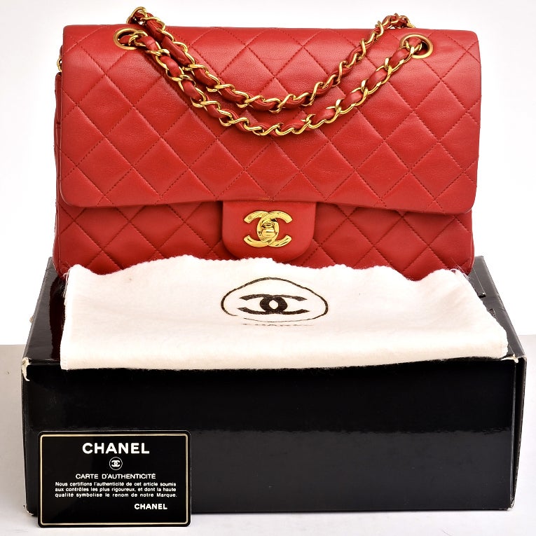 Chanel Vintage Red Quilted Lambskin Large Classic 2.55 Double Flap Bag 5