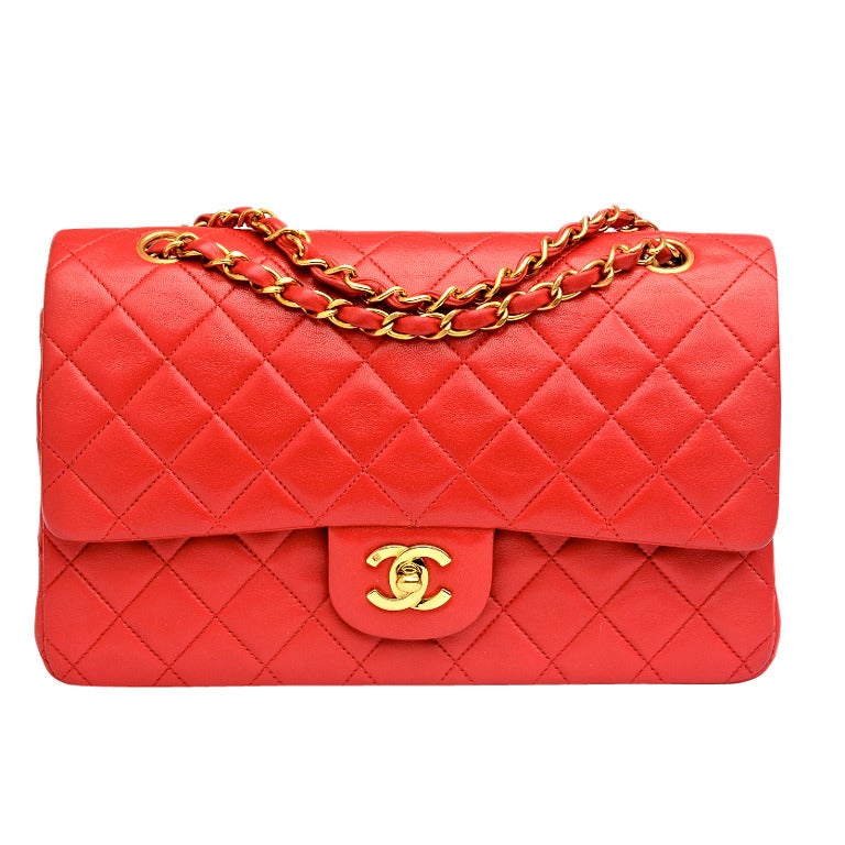 Chanel Vintage Red Quilted Lambskin Large Classic 2.55 Double Flap Bag ...