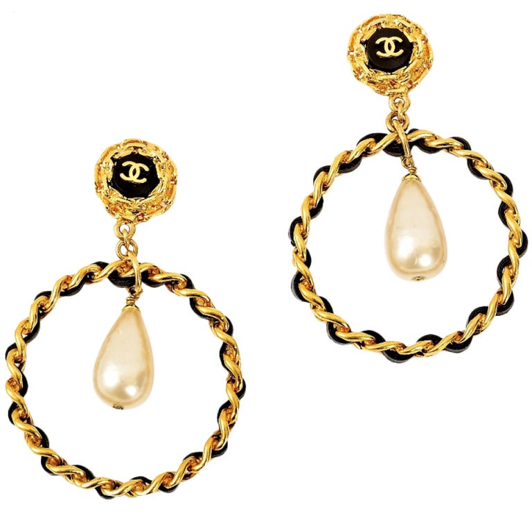 Chanel Vintage Dangling Faux Pearl and CC Braided Hoop Earrings at 1stdibs
