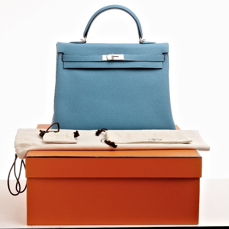 Hermes Turquoise Togo Kelly 35cm Palladium Hardware - Never Carried 6