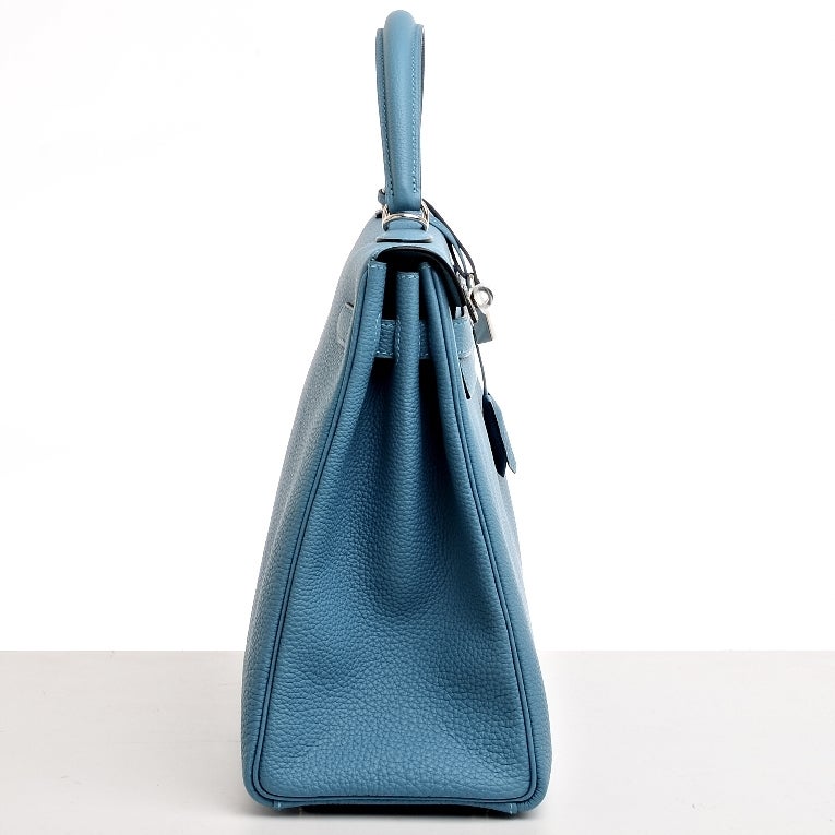 Hermes Turquoise Togo Kelly 35cm Palladium Hardware - Never Carried In New Condition In New York, NY
