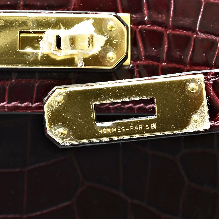 Hermes Bordeaux Shiny Niloticus Crocodile Kelly Cut with Gold Hardware 1