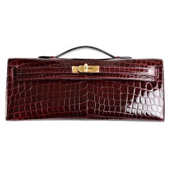 Hermes Bordeaux Shiny Niloticus Crocodile Kelly Cut with Gold Hardware