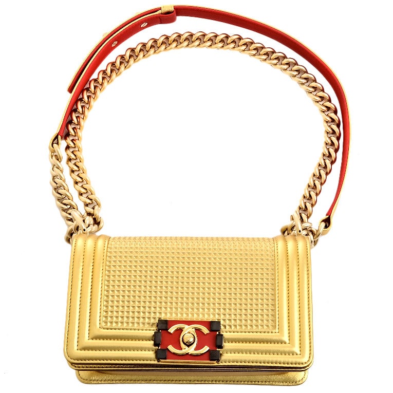 Chanel Metallic Gold Embossed Cube Boy Flap Bag 4