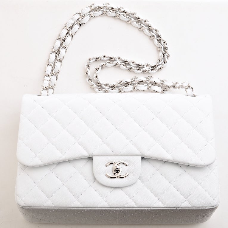 Chanel White Quilted Caviar Jumbo Classic 2.55 Double Flap Bag 4