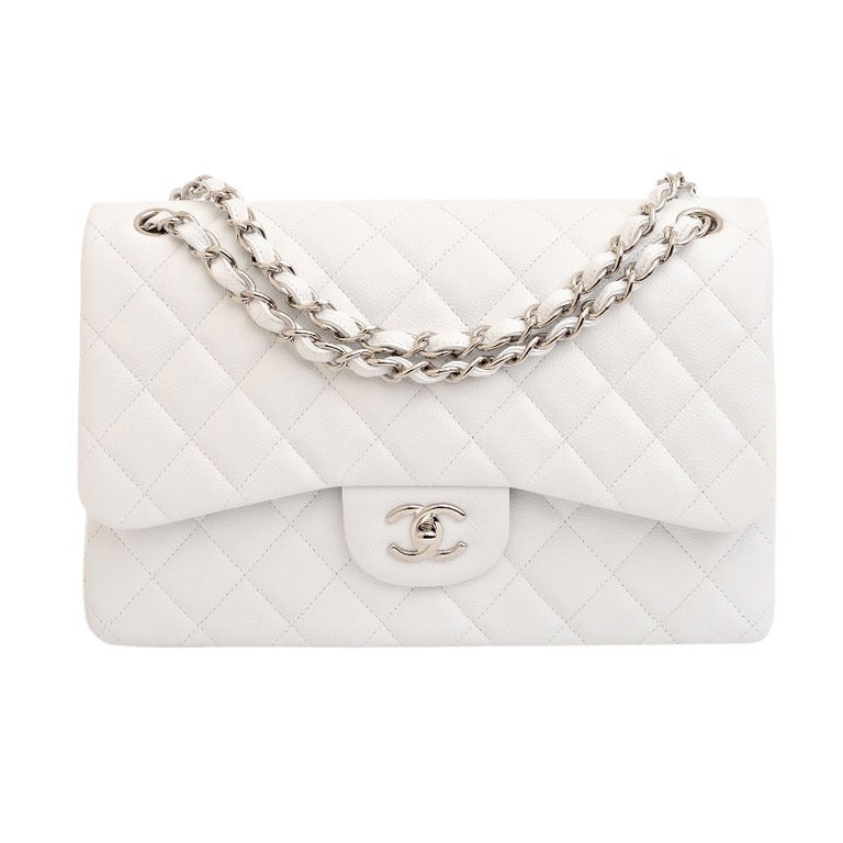 Chanel White Quilted Caviar Jumbo Classic 2.55 Double Flap Bag