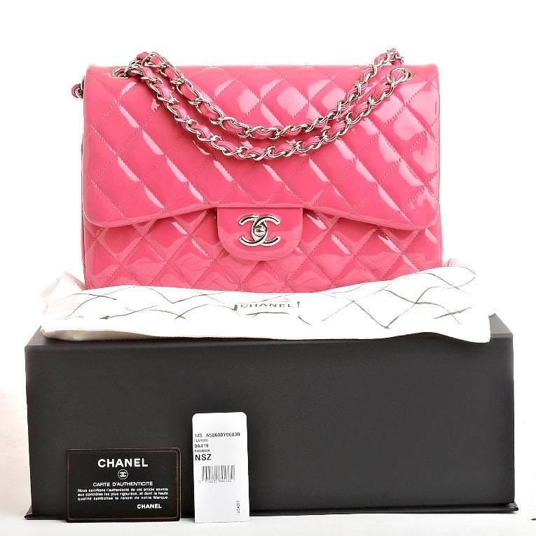 Chanel Fuchsia Pink Quilted Patent Jumbo Classic Double Flap Bag 5