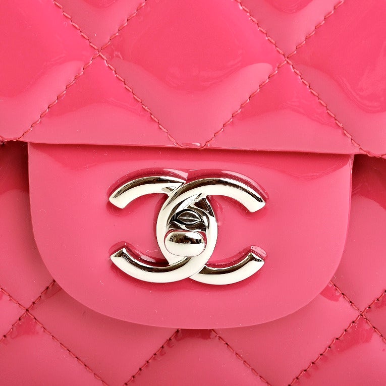 Chanel Fuchsia Pink Quilted Patent Jumbo Classic Double Flap Bag 1