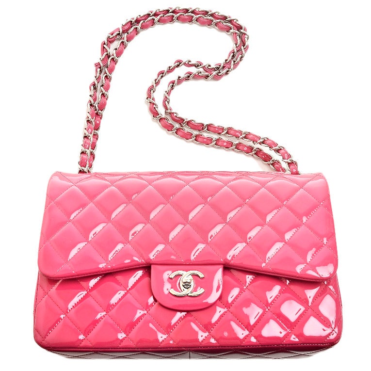 Chanel Fuchsia Pink Quilted Patent Jumbo Classic Double Flap Bag 2