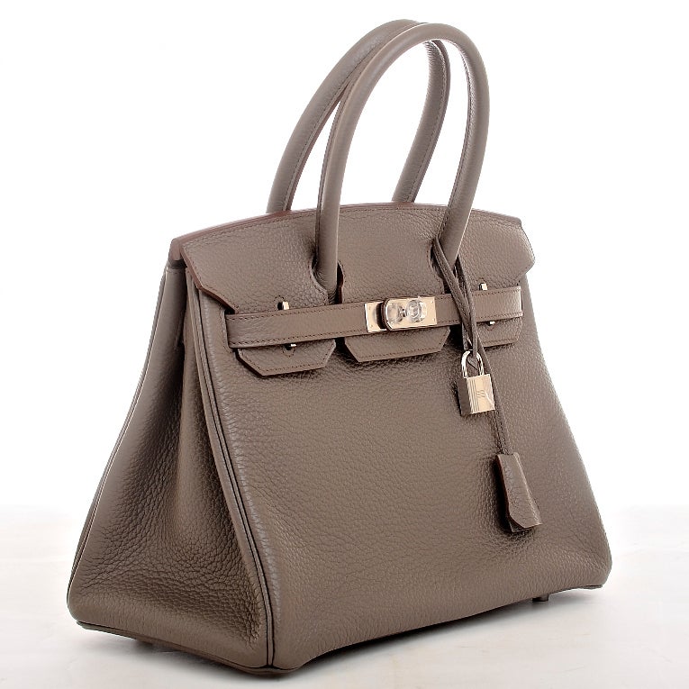 Hermes Etain clemence leather Birkin 30cm with tonal stitching, palladium hardware, front toggle closure, and clochette with lock and two keys, double rolled handles, Etain chevre lining with one zip pocket with Hermes engraved pull and open pocket