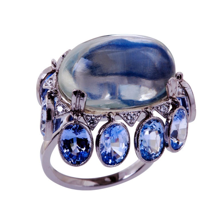 Moonstone Cabochon Sapphire Diamond Ring For Sale
