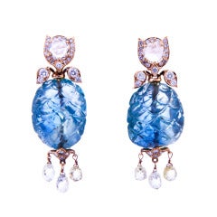  Carved Sapphire Diamond Dangle Earrings