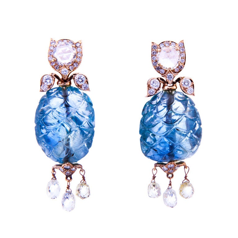 Carved Sapphire Diamond Dangle Earrings For Sale