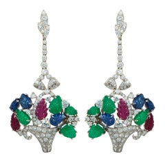 Emerald Ruby Sapphire Diamond Flower Basket Earrings