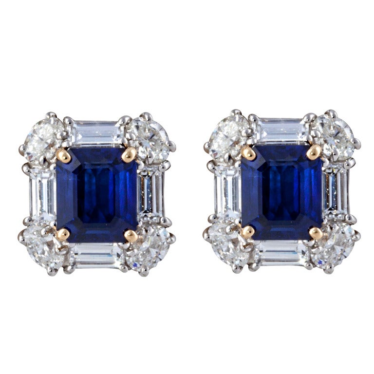 Emerald Cut Sapphire and Diamond Earrings For Sale