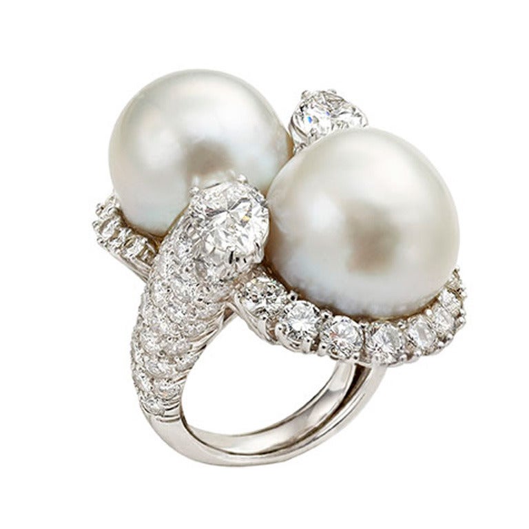 David Webb South Sea Pearl Diamond Platinum Ring For Sale