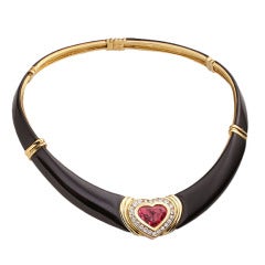 Heart Shaped Rubelite, Diamond and Onyx Collar Necklace