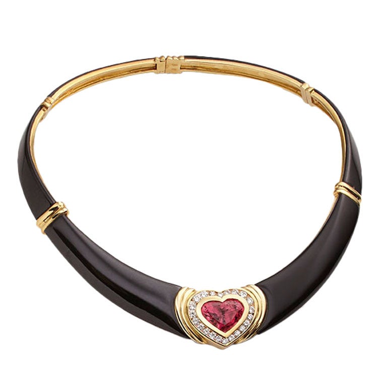 Heart Shaped Rubelite, Diamond and Onyx Collar Necklace For Sale