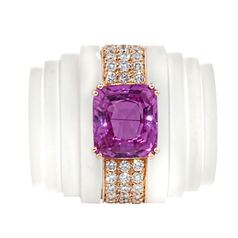 Picchiotti Frosted Rock Crystal Pink Sapphire Diamond Ring For Sale