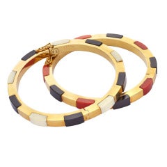 Vintage Pair of Cartier Ivory Onyx Coral Gold Bangles