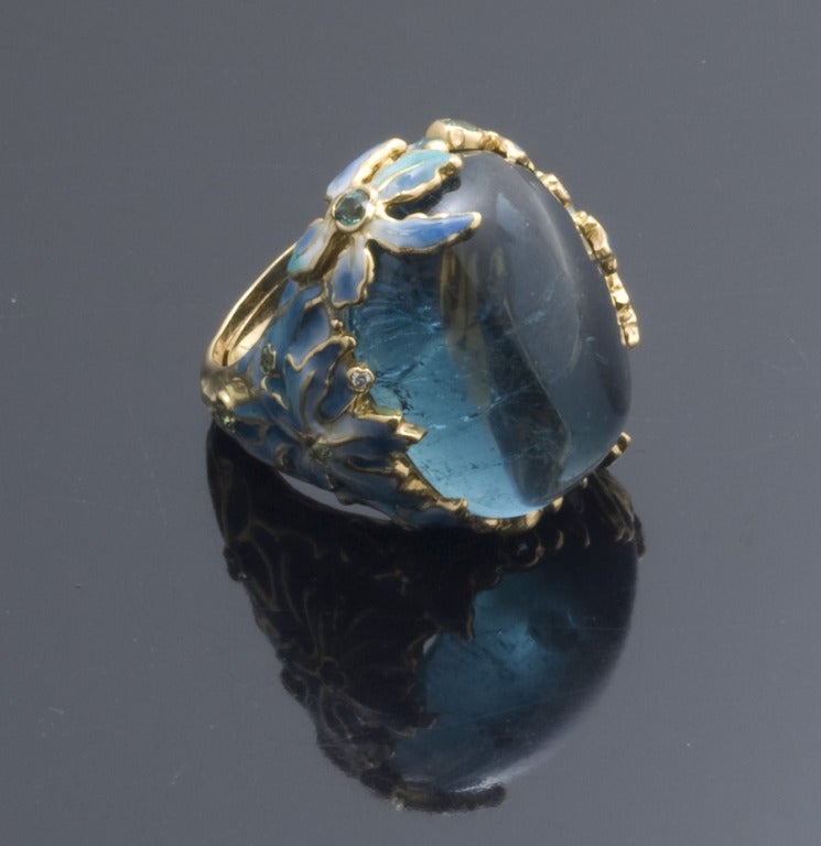 Contemporary Enamel Cabochon Tourmaline Diamond Gold Ring