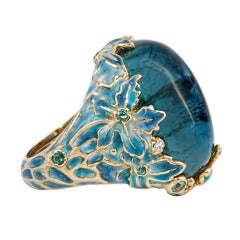 Enamel Cabochon Tourmaline Diamond Gold Ring