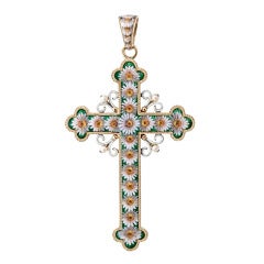 Vintage French Double Sided Enamel Mosaic Cross c1900