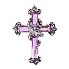 Victorian Pink Topaz Diamond Silver Gold Cross with a Snake