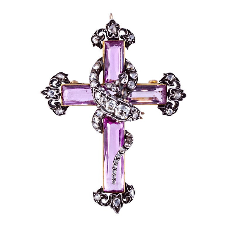 Victorian Pink Topaz Diamond Silver Gold Cross with a Snake For Sale