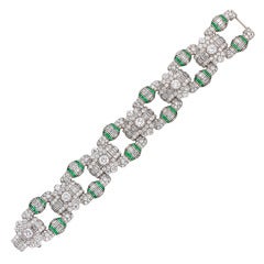 1930s Art Deco Emerald Diamond Platinum Geometric Panel Bracelet 1