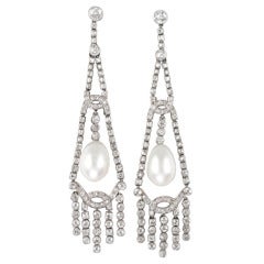 1920s Art Deco Natural Pearl Diamond Chandelier Platinum Earrings 1