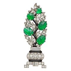 Antique 1920s French Art Deco Carved Emerald Diamond Platinum Bay Tree Brooch