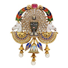 Retro Egyptian Revival Pharaoh Diamond Pearl Ruby Enamel Gold Brooch by Carlo Giuliano