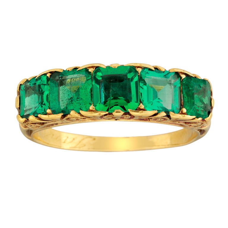 Victorian Emerald Five Stone Carved Gold Half Hoop Ring For Sale