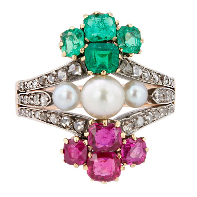 Viktorianischer Perlen-Smaragd-Rubin-Diamant-Ring