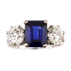 Art Deco Sapphire Diamond Three Stone Platinum Engagement Ring 11
