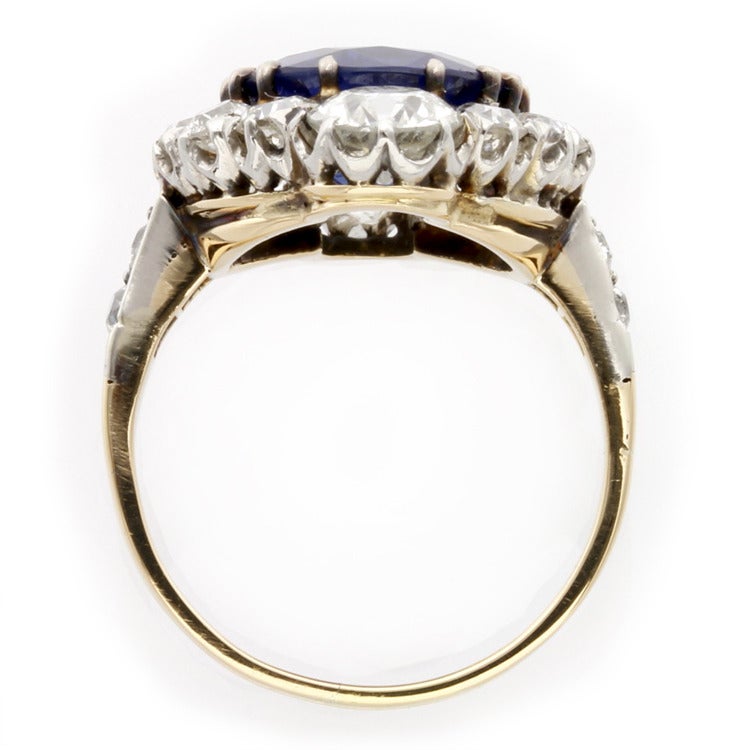 Women's Edwardian 4.84 Carat Fine Burmese Sapphire Diamond Gold Cluster Ring For Sale