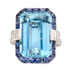 13.05 Carat Aquamarine Sapphire Diamond Platinum Cluster Ring