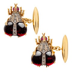 Antique Cabochon Garnet Ruby Diamond Gold Beetle Cufflinks