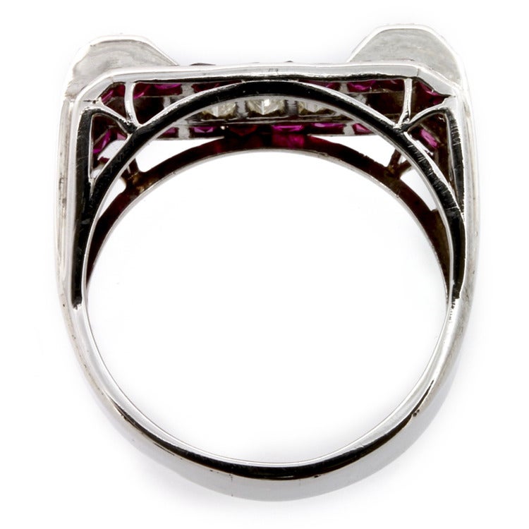 Art Deco Ruby Diamond Platinum Cocktail Ring In Good Condition For Sale In London, GB