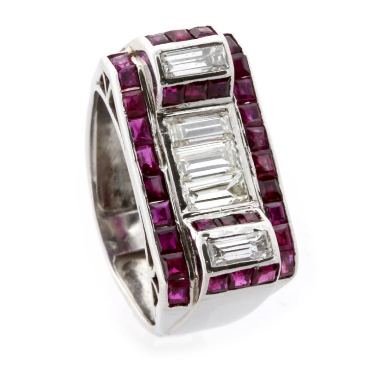 Baguette Cut Art Deco Ruby Diamond Platinum Cocktail Ring For Sale