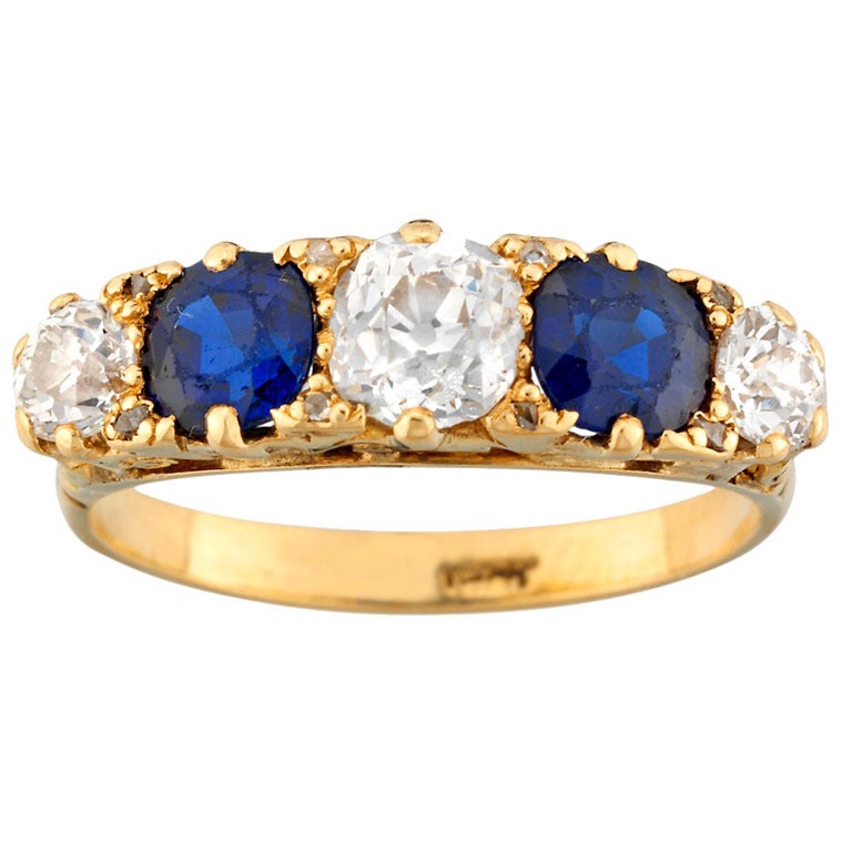 Victorian Five Stone Sapphire Diamond Gold Ring For Sale at 1stdibs