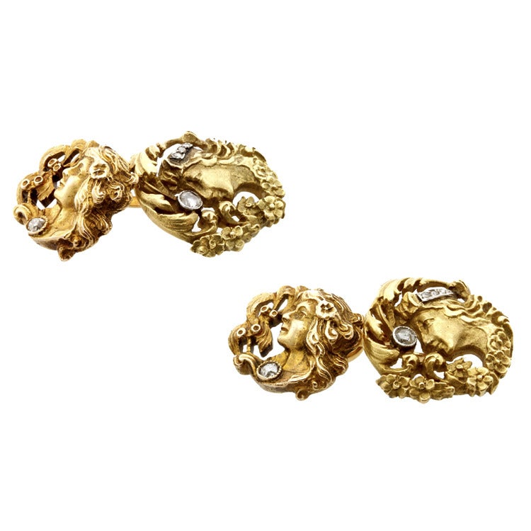 Art Nouveau Carved Ladies Head Cufflinks In Excellent Condition In London, GB