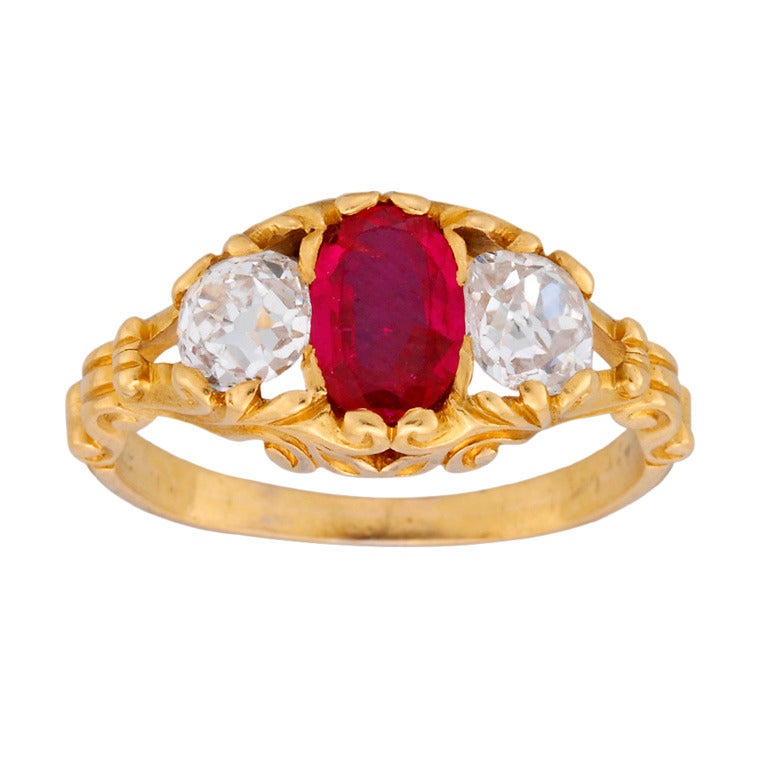Victorian Ruby and Diamond Three Stone  Ring