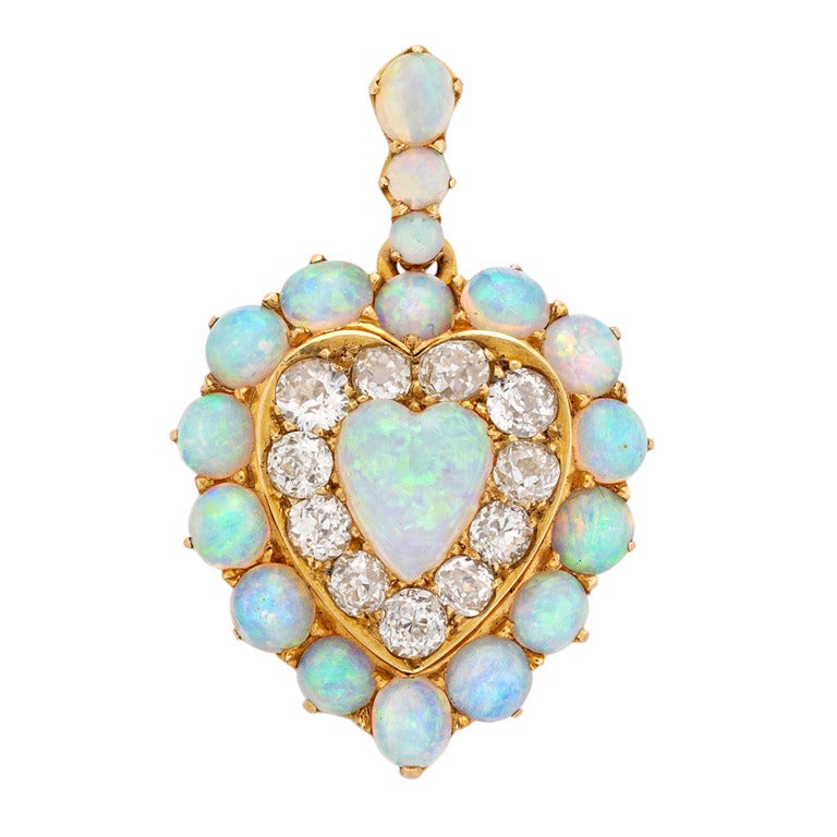 Victorian Opal Diamond Gold Heart Pendant For Sale