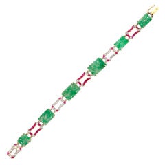 Art Deco Carved Jade Ruby Diamond Gold Plaque Bracelet 5
