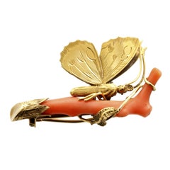 Coral Gold Butterfly Brooch
