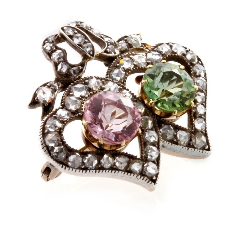 Tourmaline and Diamond Victorian Twin Heart Brooch In Excellent Condition In London, GB