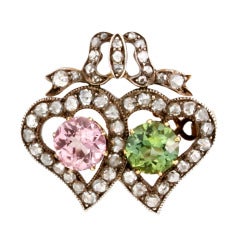 Tourmaline and Diamond Victorian Twin Heart Brooch